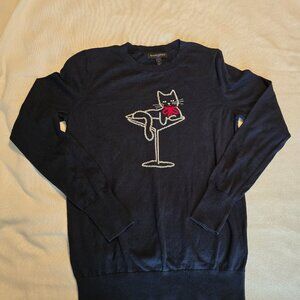 Banana Republic Cat Martini S Small Sweater Navy Blue Red Bow Womens GUC Feline.